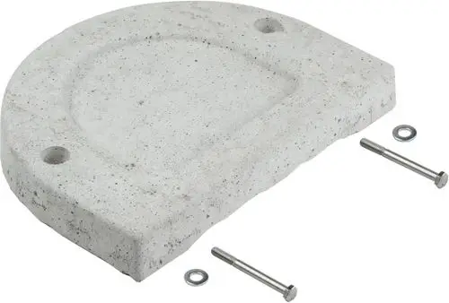 Betonblock mit abgerundeter Form und zwei Bohrungen, zwei Schrauben und Unterlegscheiben daneben. Produkt von Bosch, möglicherweise zur Isolierung oder Stabilisierung.